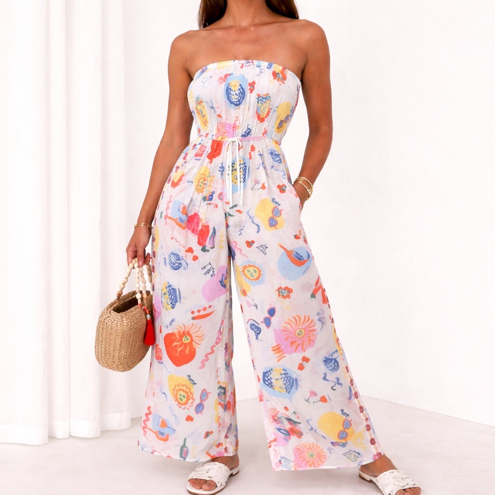 TRUE DESTINATIONS Strapless Printed Jumpsuit